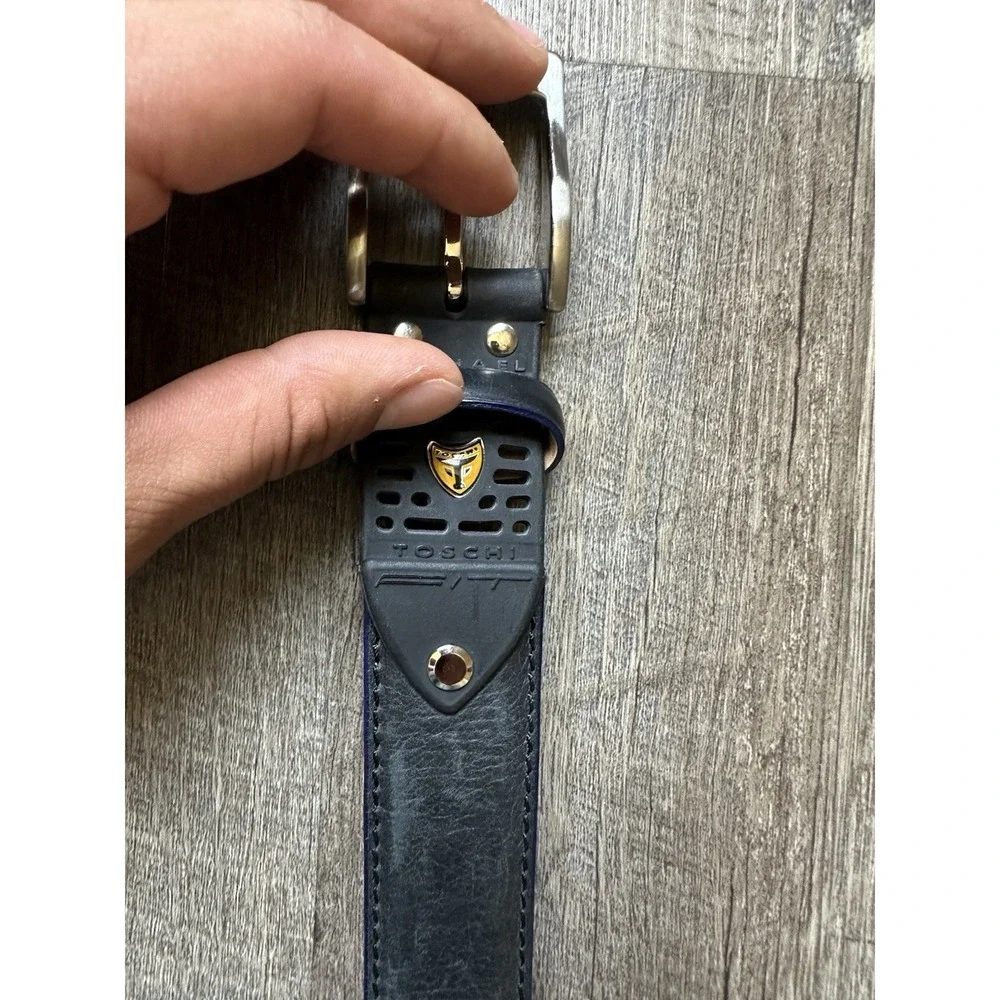 Michael‎ Toschi Black Leather Belt Black Perforated Rubber Section 40 EXCELLENT